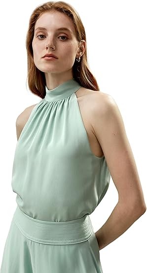 LilySilk Womens Pure Silk Blouse Ladies Mulberry Silk Sleeveless Halterneck Top Shirt with Neckline Pleated
