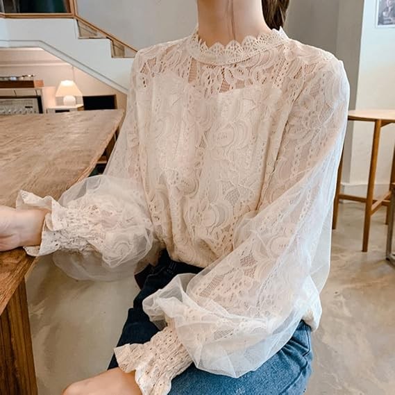 Office White Lace Shirts Women Floral Mesh Blouses Women Fashion Lantern Sleeve Clothing Tops Chemise Femme