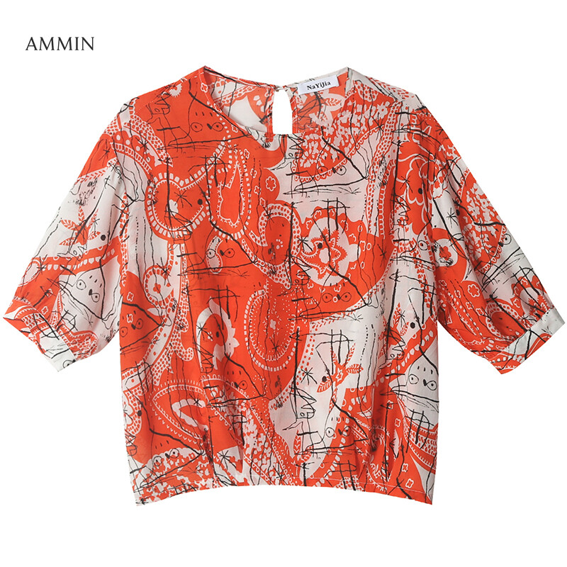AMMIN Tops Short-sleeved round neck abstract printed chiffon shirt women's 2021 new style middle-sleeved loose-fitting casual western-style plus size blouse