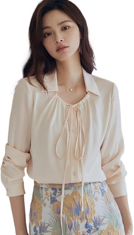 Casual Satin Shirt for Women in Autumn Lapel Shirt lace-up top