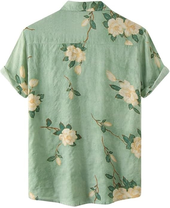 Hawaiian Floral Shirt Men's Casual Travel Beach Short Sleeve Green Shirt Single Breasted Men's